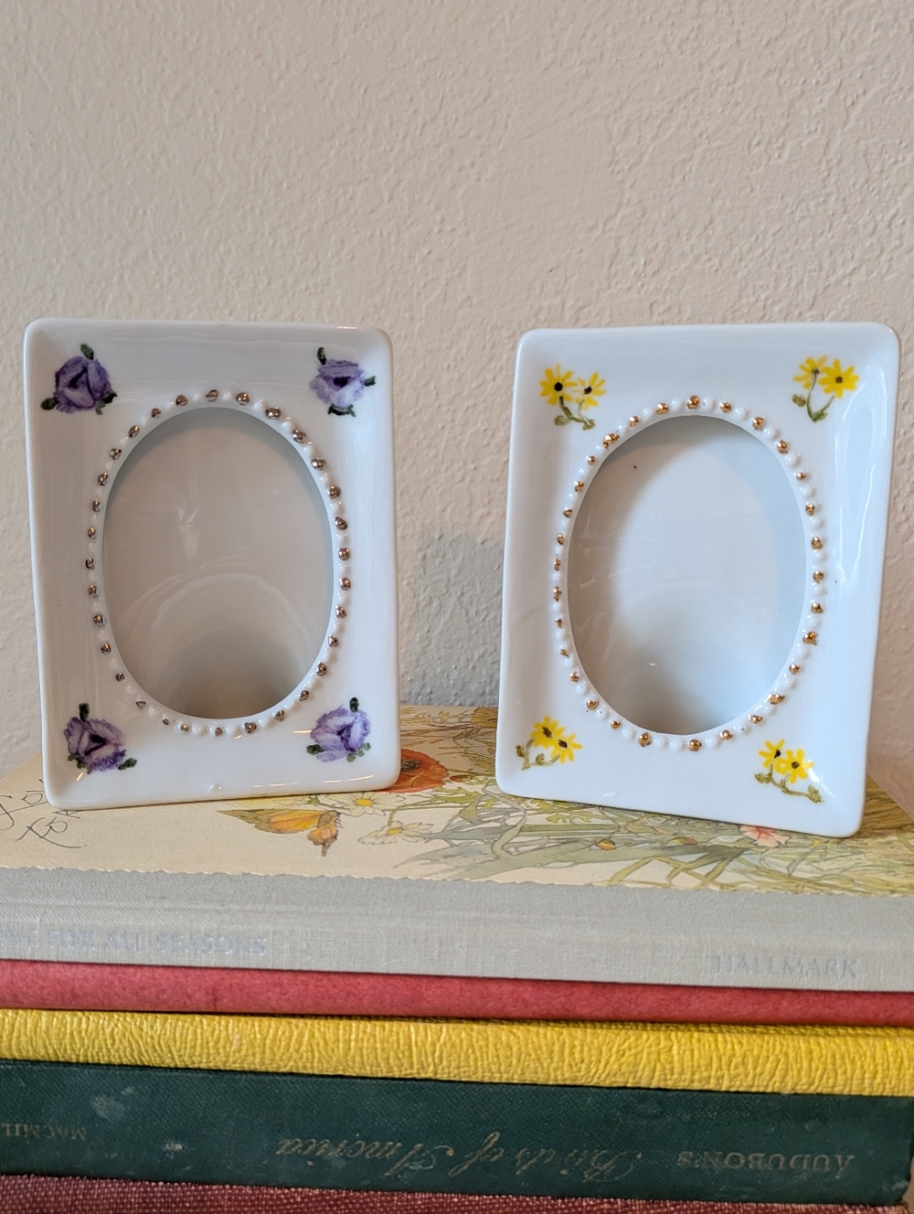 Vintage Lot Of Two Small Hand Painted Floral Porcelain Picture Frames Signed '79